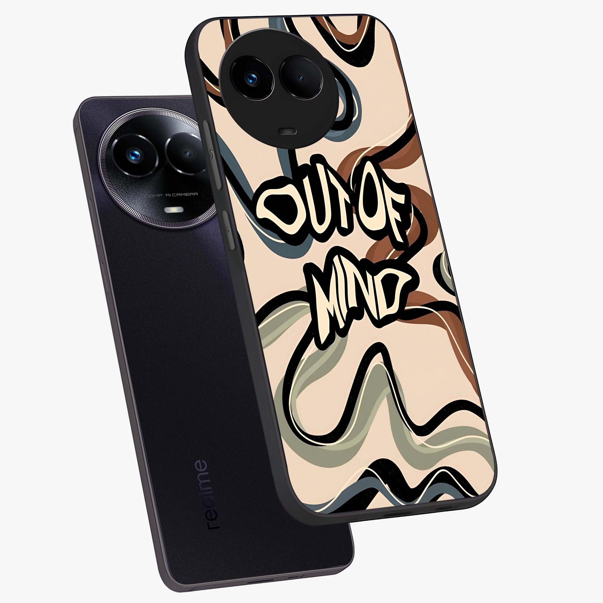 Out Of Mind Glass Case displayed in angled mockup highlighting bold statement design with modern artistic aesthetic.