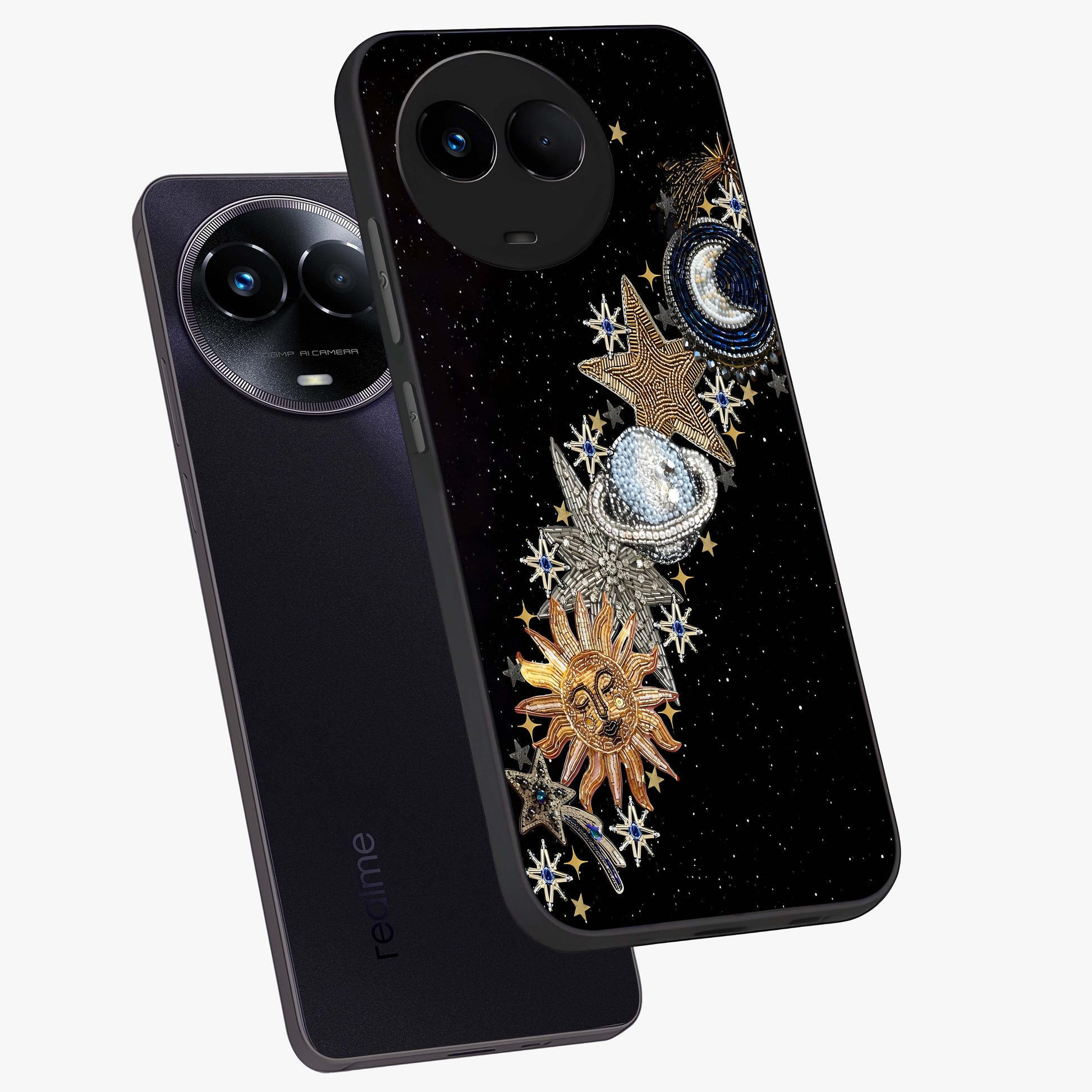 Pearls Universe Object Glass Case displayed in angled mockup highlighting celestial pearl design with dreamy aesthetic.