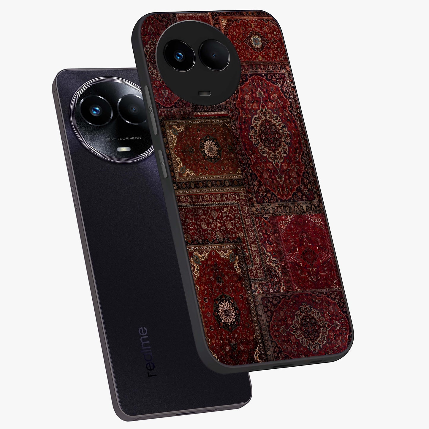 Persian Velvet Tale Glass Case displayed in angled mockup highlighting ornate textile inspired design with royal aesthetic.