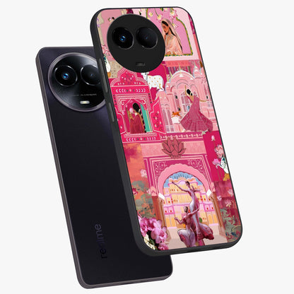 Pink Palace Muse Glass Case displayed in angled mockup highlighting dreamy palace illustration with soft pink aesthetic.