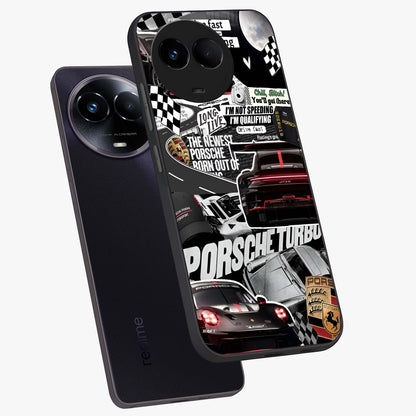 Porsche Racing Collage Glass Case displayed in angled mockup highlighting dynamic automotive design with bold racing aesthetic.