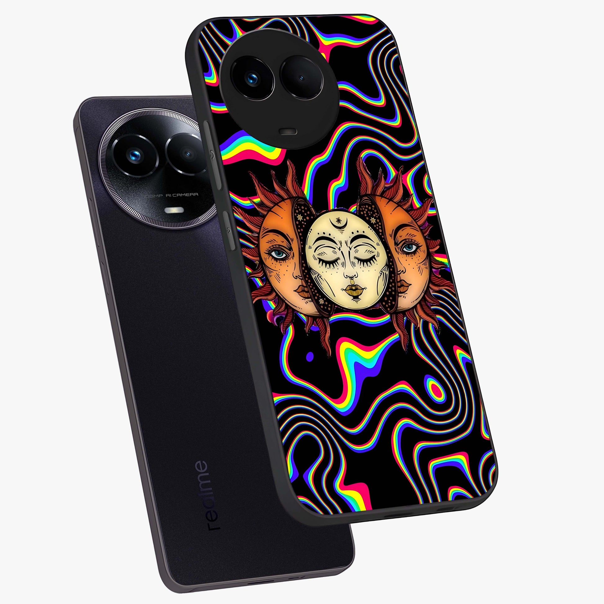 Psychedelic Sun Glass Case displayed in angled mockup highlighting vibrant abstract sun design with artistic aesthetic style.