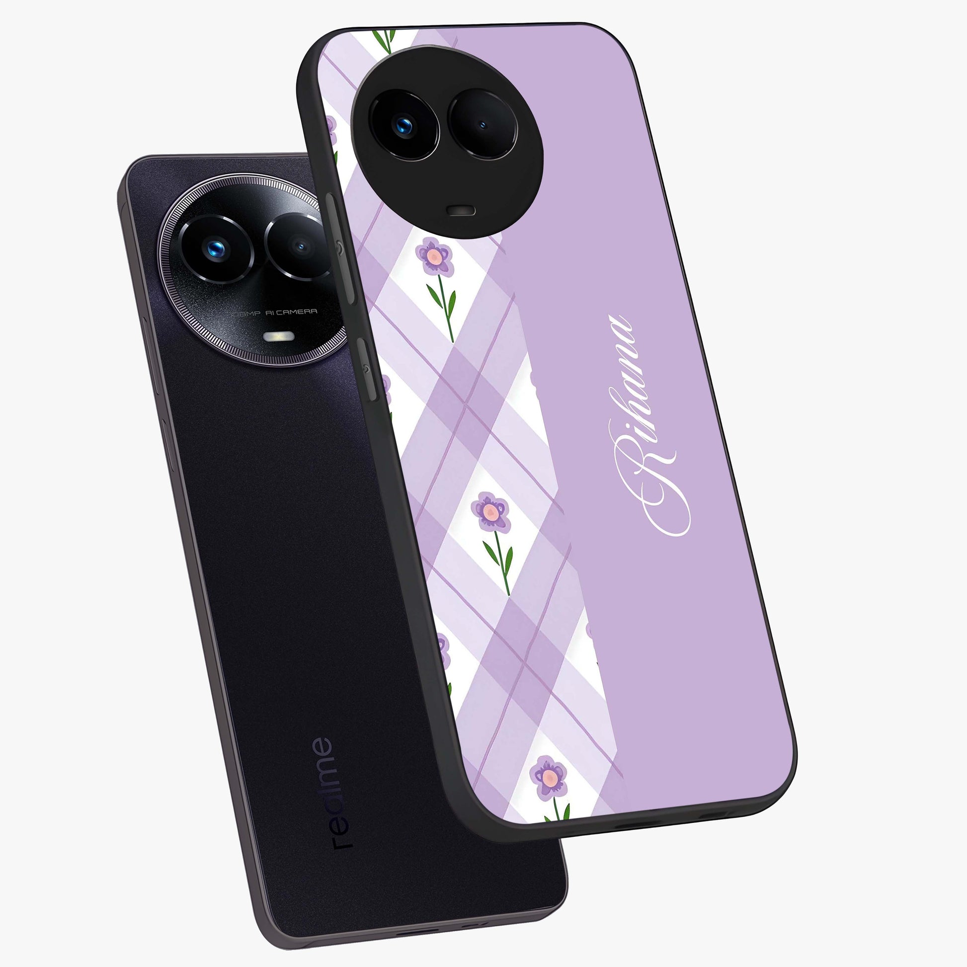Purple Diamond Floral Glass Case displayed in angled mockup highlighting elegant purple flower design with decorative pattern.