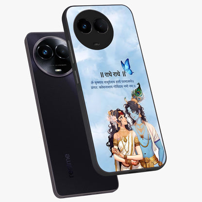 Radha Krishna Eternal Glass Case displayed in angled mockup highlighting divine Radha Krishna illustration with spiritual aesthetic.