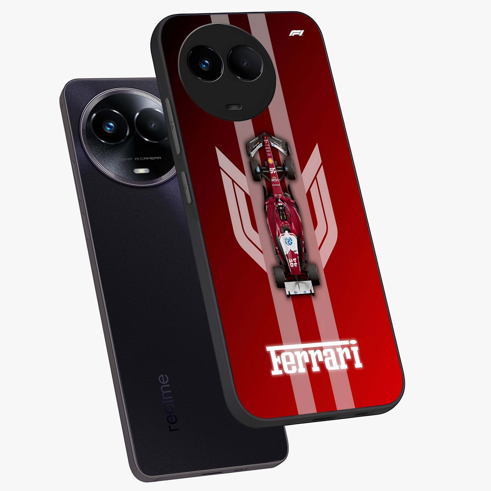 Red Ferrari F1 Vertical Glass Case displayed in angled mockup highlighting high speed racing design with bold automotive aesthetic.