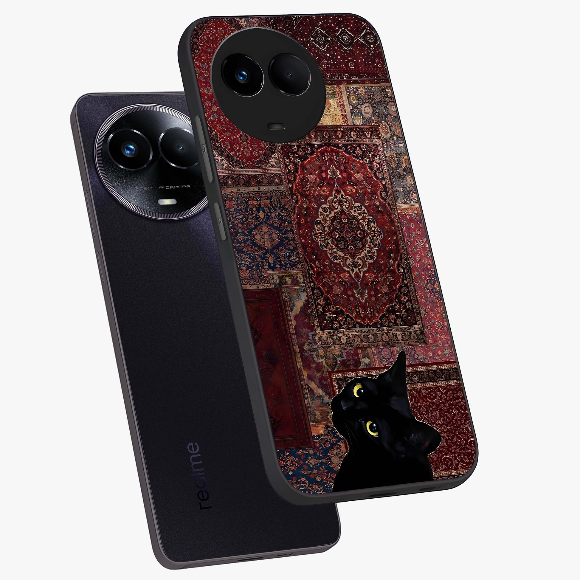 Regal Magic Cat Apple Glass Case displayed in angled mockup highlighting whimsical feline design with fantasy aesthetic.