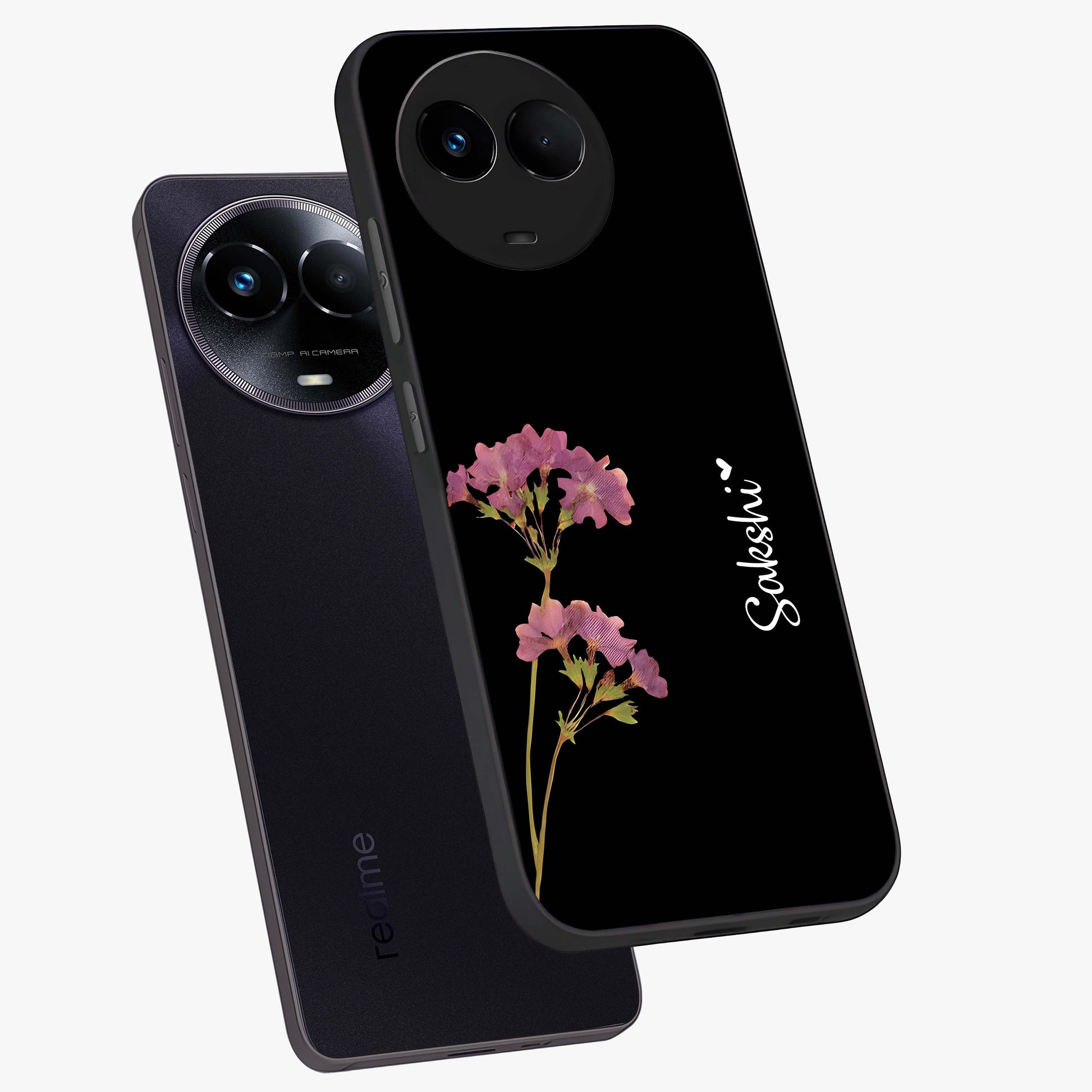 Riching Lavender Flower Custom Name Glass Case displayed in angled mockup highlighting delicate lavender flower design with custom name feature.