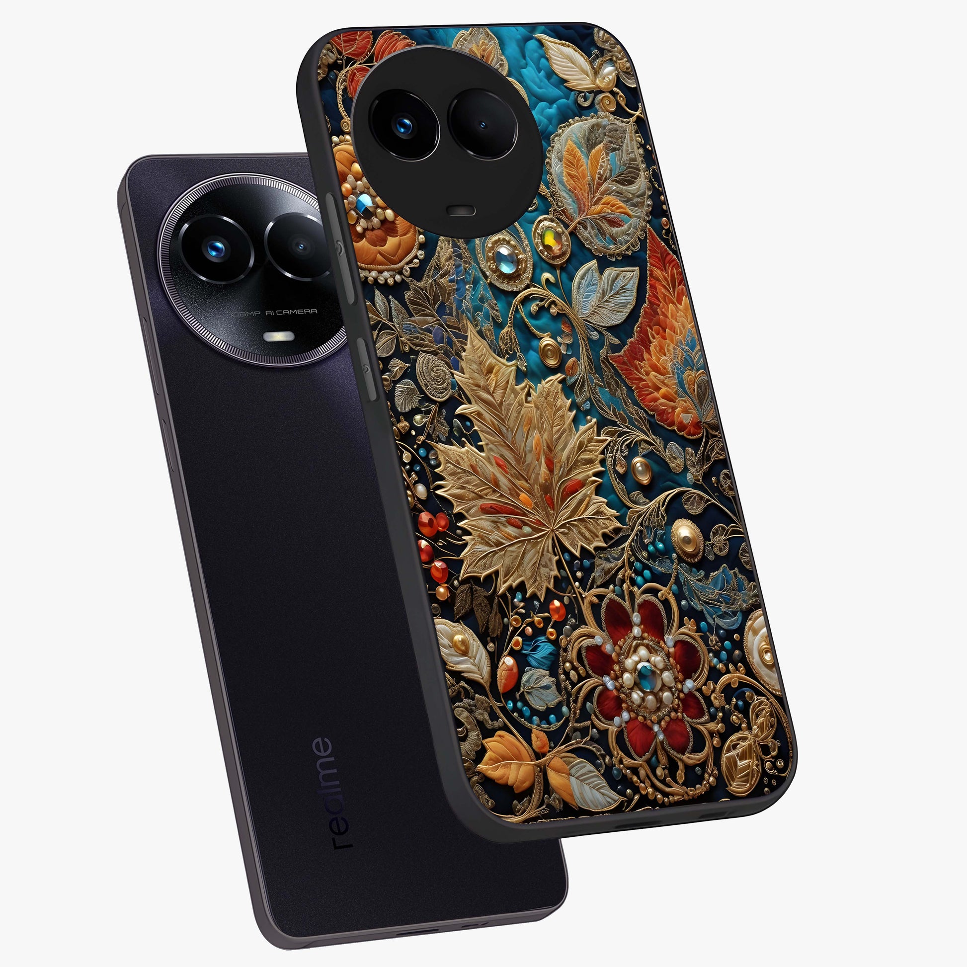 Royal Jewel Garden Glass Case displayed in angled mockup highlighting vibrant jewel inspired floral design with elegant aesthetic.