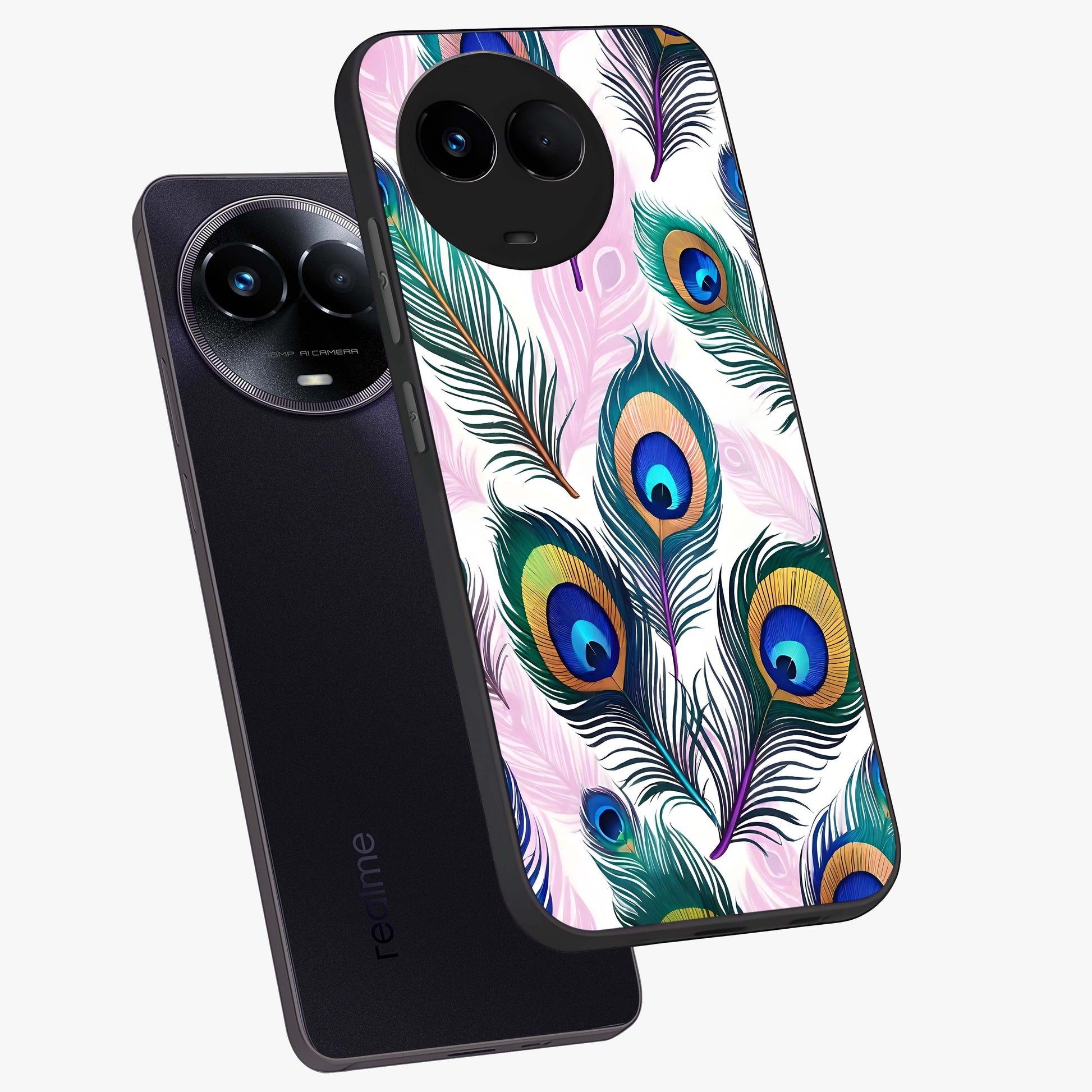 Royal Peacock Feathers Glass Case displayed in angled mockup highlighting vibrant feather pattern with regal aesthetic style.
