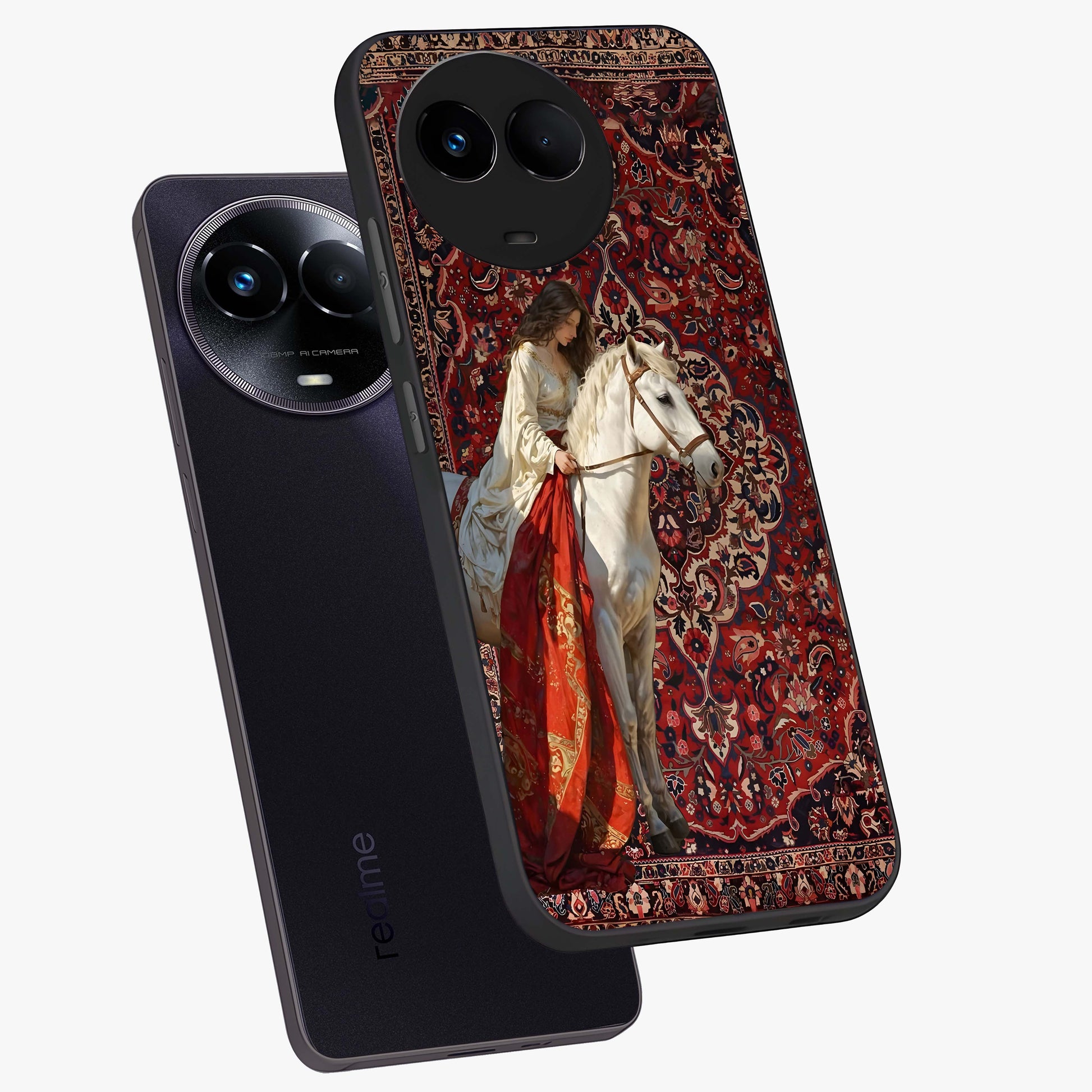 Royal Rider Tapestry Glass Case displayed in angled mockup highlighting traditional tapestry design with royal heritage aesthetic.