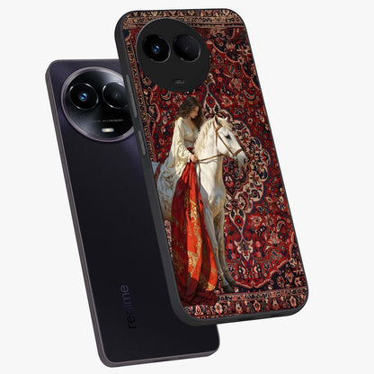 Royal Rider Tapestry Glass Case displayed in angled mockup highlighting traditional tapestry design with royal heritage aesthetic.