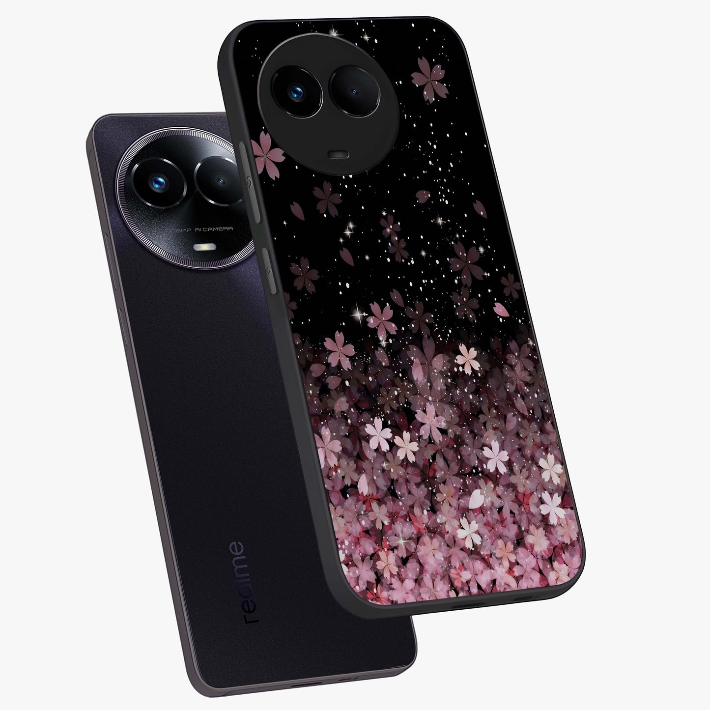 Small Starry Flowers Glass Case displayed in angled mockup highlighting tiny flower pattern with celestial aesthetic style.