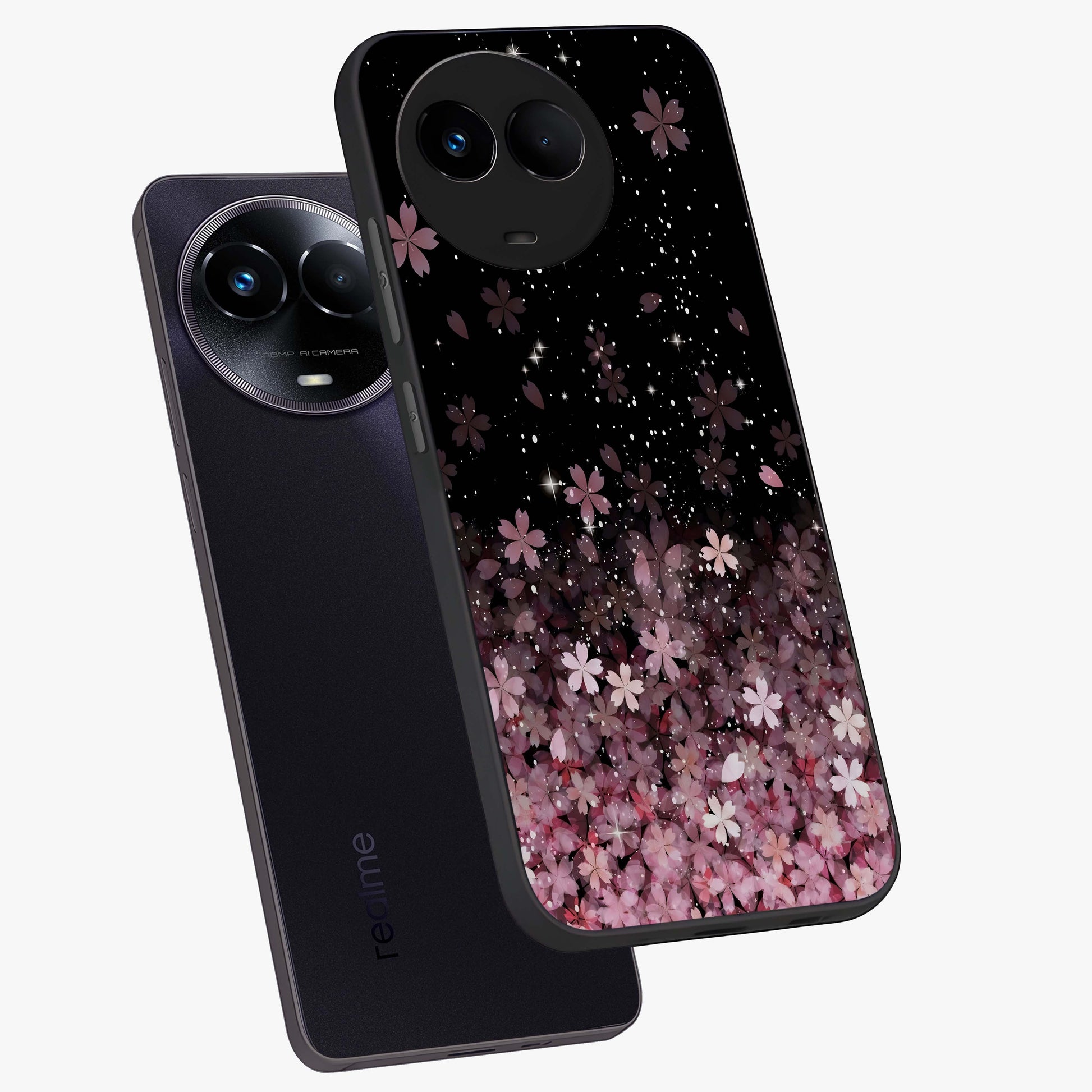 Small Starry Flowers Glass Case displayed in angled mockup highlighting tiny flower pattern with celestial aesthetic style.