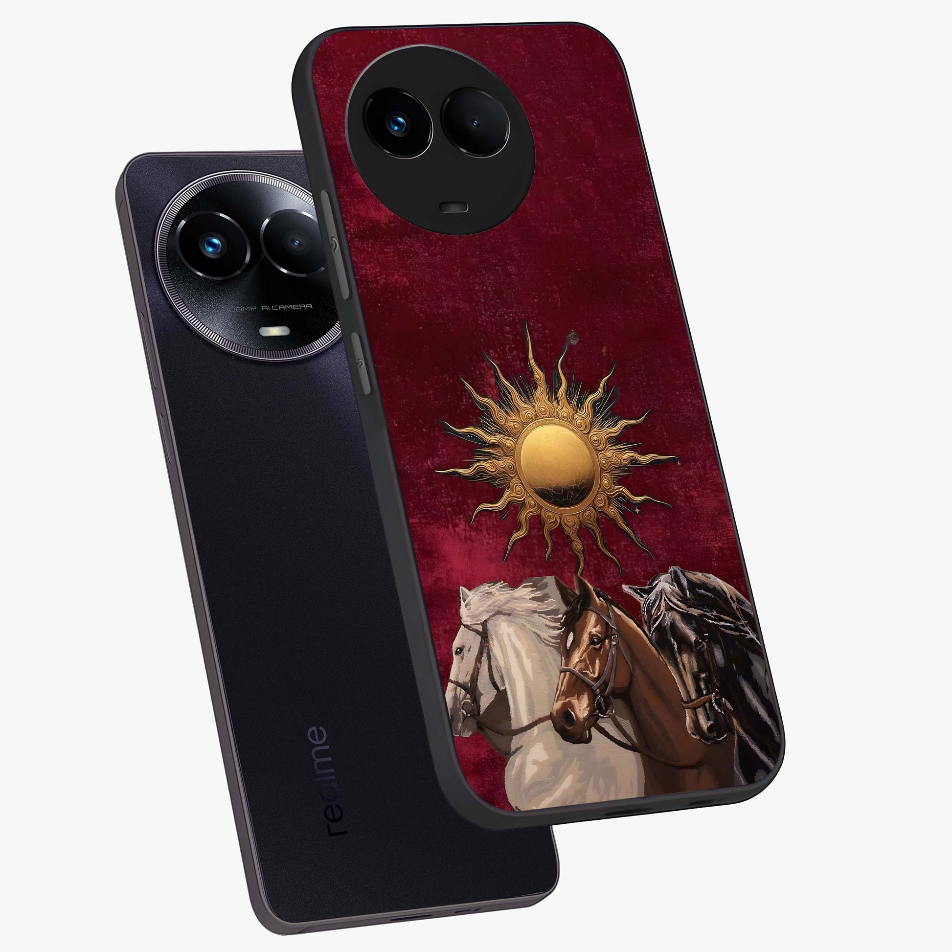Solar Riders Glass Case displayed in angled mockup highlighting powerful rider illustration with radiant solar aesthetic.