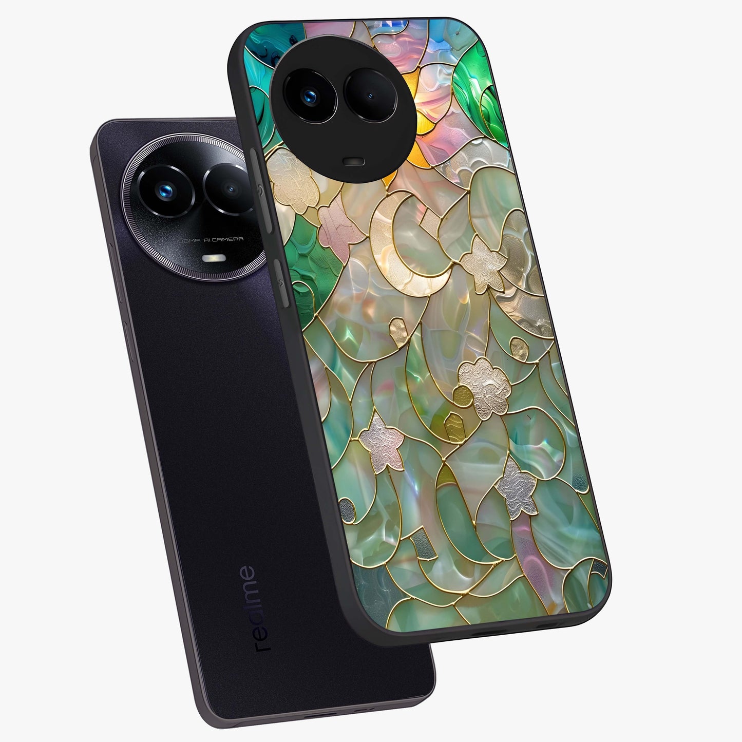 Stained Sunrise Glow Glass Case displayed in angled mockup highlighting radiant sunrise design with artistic aesthetic style.