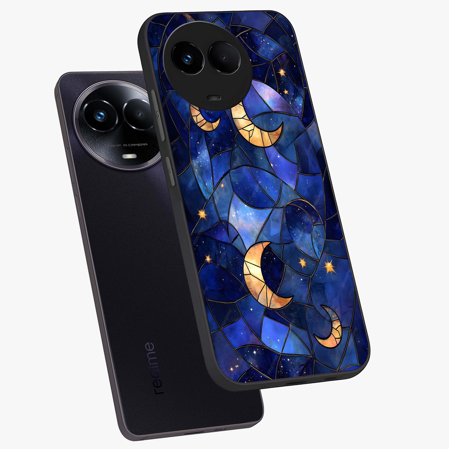 Starlit Sky Tapestry Glass Case displayed in angled mockup highlighting celestial night pattern with artistic aesthetic style.