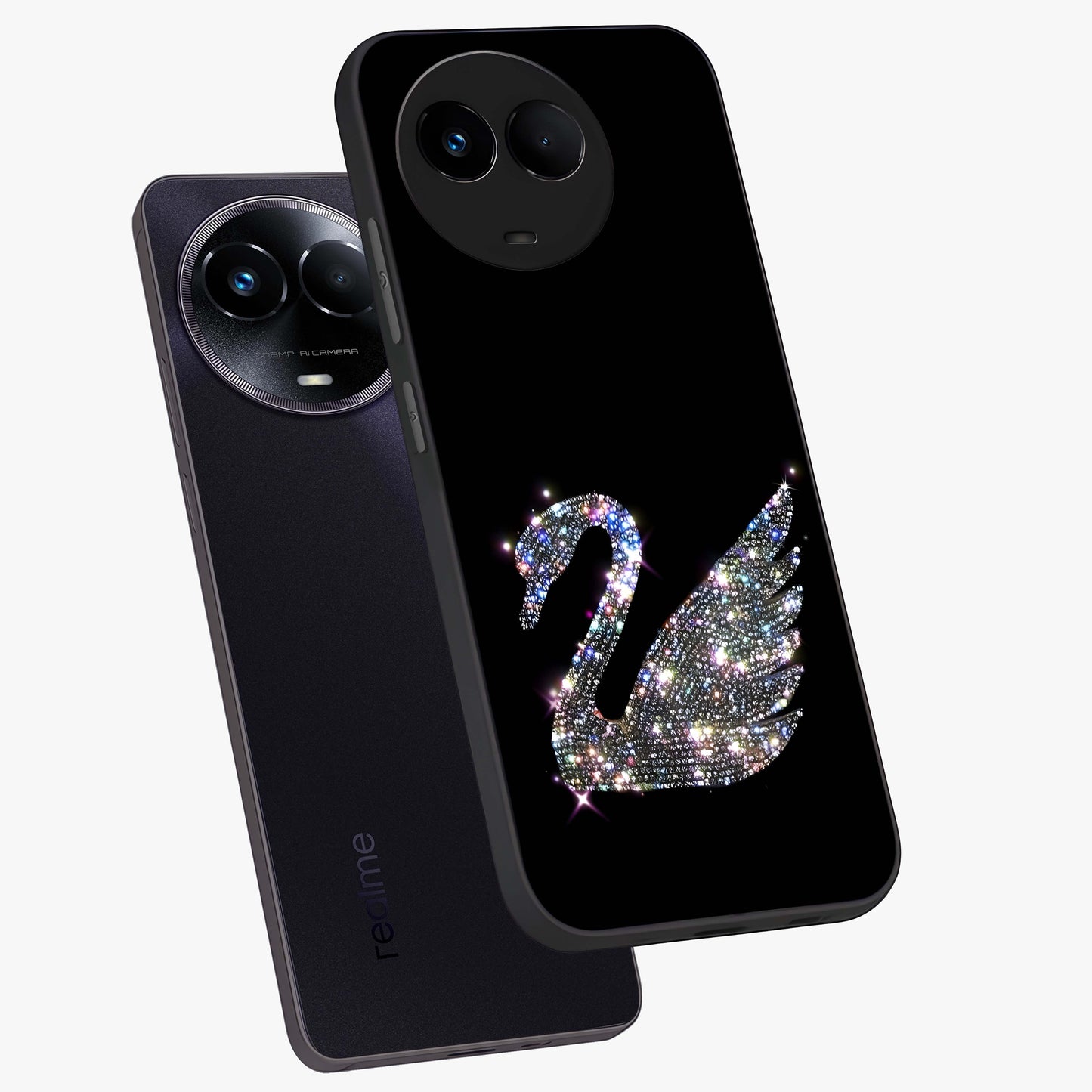 Starlit Swan Grace Glass Case displayed in angled mockup highlighting elegant swan illustration with dreamy celestial aesthetic.