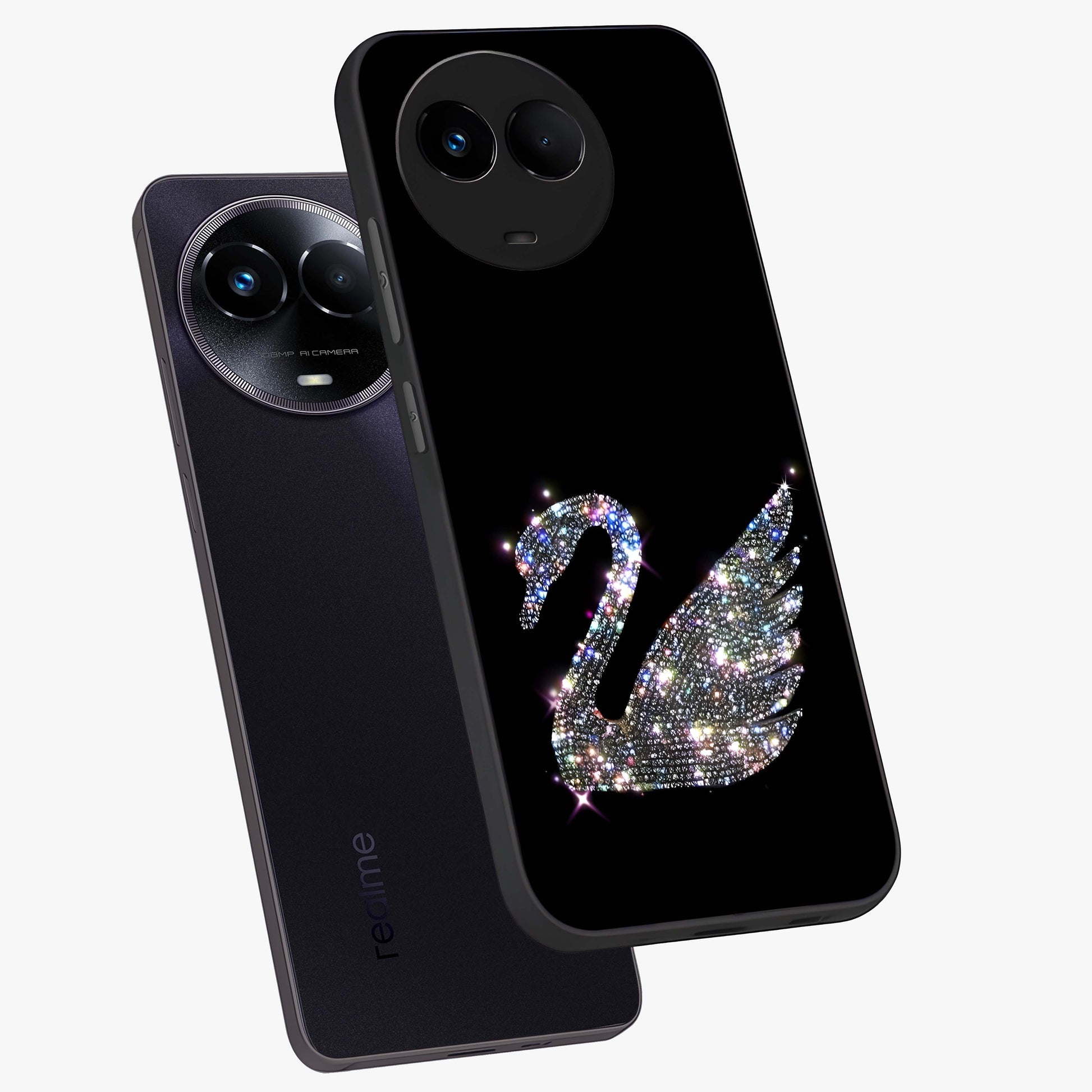 Starlit Swan Grace Glass Case displayed in angled mockup highlighting elegant swan illustration with dreamy celestial aesthetic.