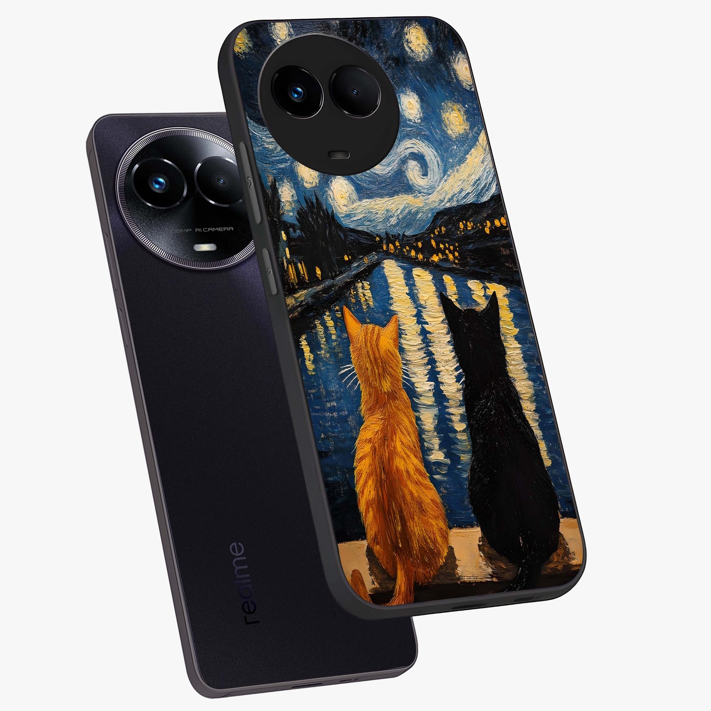 Starry River Cats Glass Case displayed in angled mockup highlighting charming feline illustration with dreamy night aesthetic.