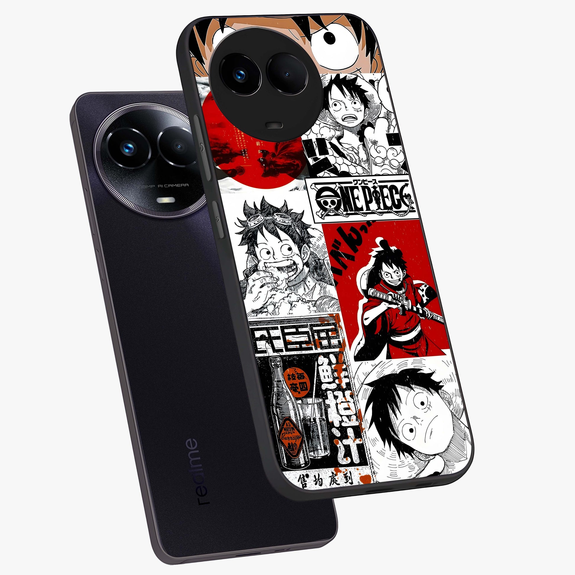 Strawhat Chaos Panels Glass Case displayed in angled mockup highlighting vibrant anime collage design with action aesthetic.