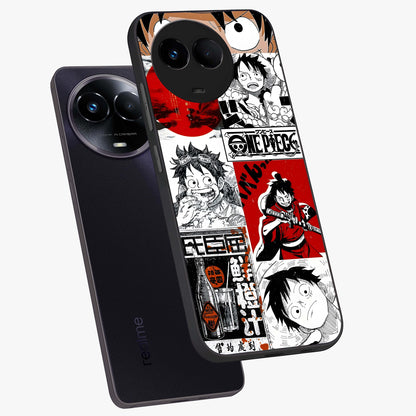 Strawhat Chaos Panels Glass Case displayed in angled mockup highlighting vibrant anime collage design with action aesthetic.