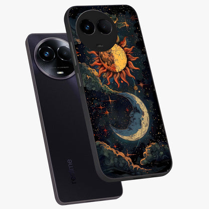 Sun And Moon Magic Design Glass Case displayed in angled mockup highlighting celestial design with magical cosmic aesthetic.