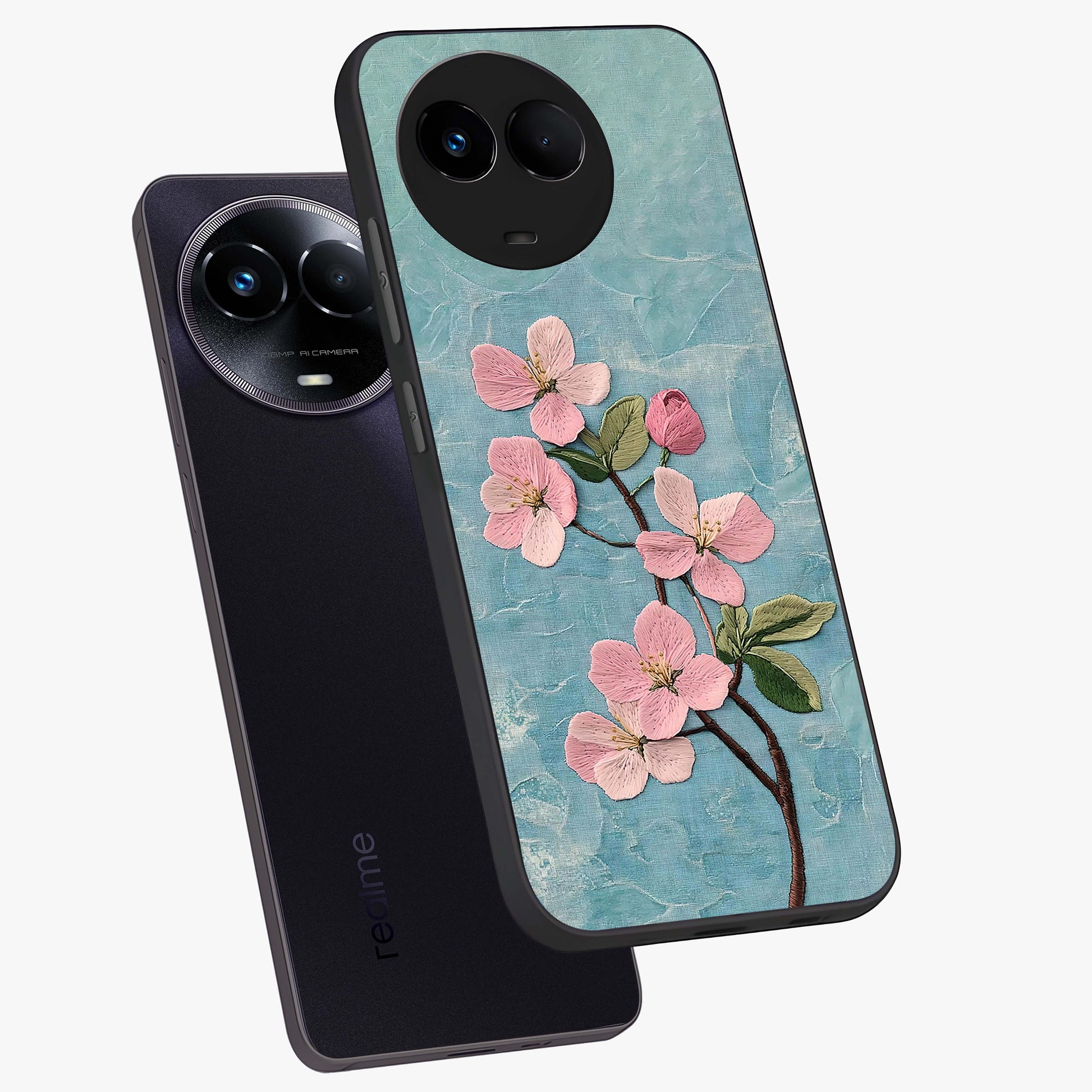 Threaded Blossom Breeze Glass Case displayed in angled mockup highlighting elegant floral design with soft aesthetic style.