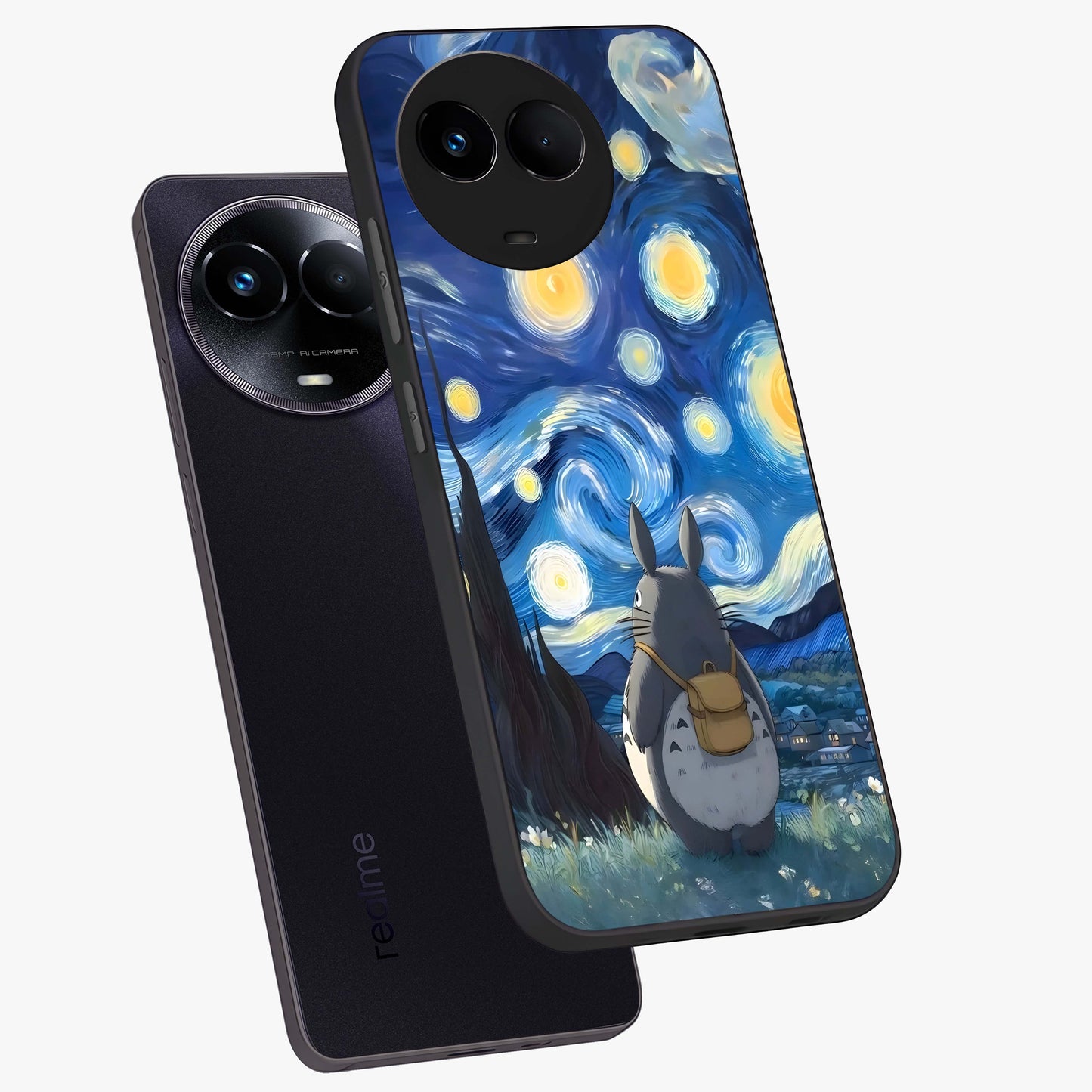 Totoro In Van Gogh Art Glass Case displayed in angled mockup highlighting artistic swirling sky design with playful animation aesthetic.