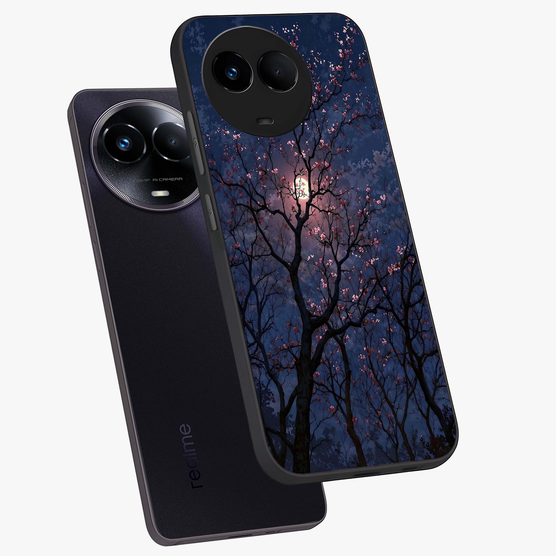 Twilight Sakura Serenade Glass Case displayed in angled mockup highlighting delicate sakura flower design with dreamy aesthetic.