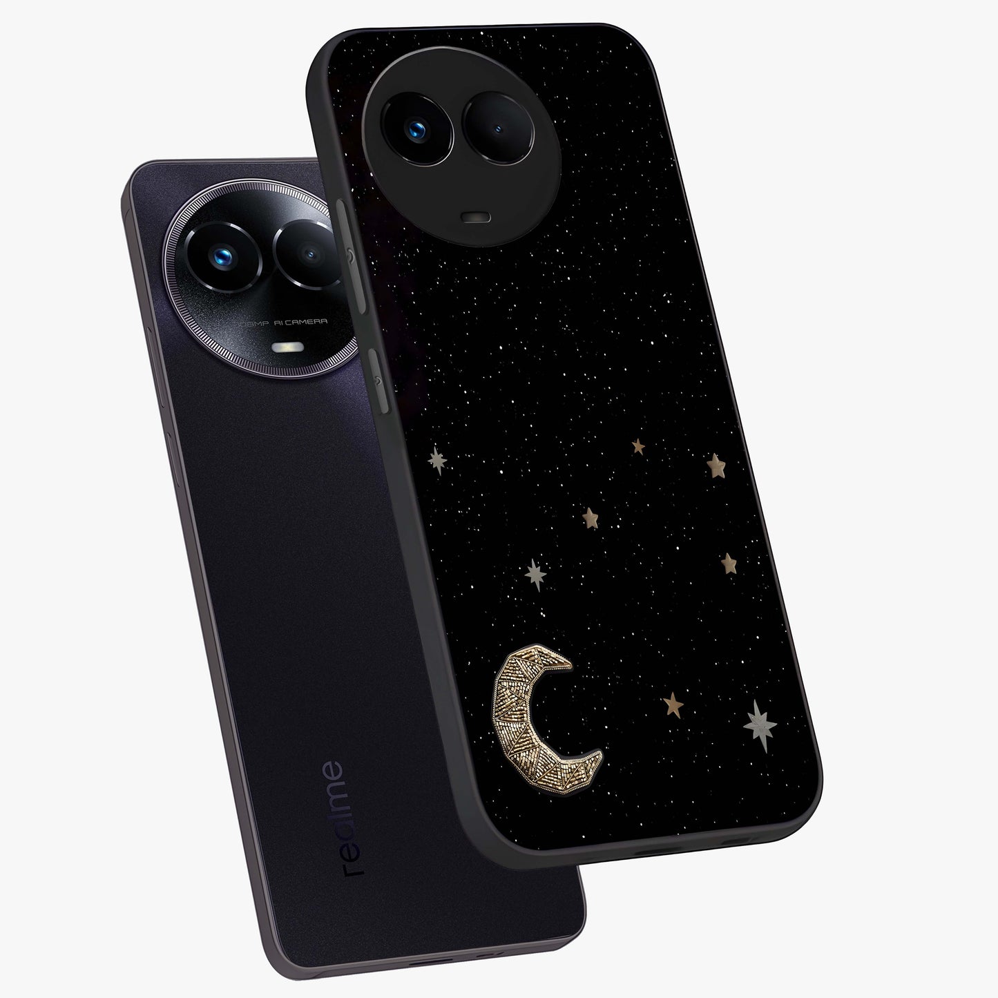 Twinkle Star With Half Moon Glass Case displayed in angled mockup highlighting celestial moon and star design with magical aesthetic.