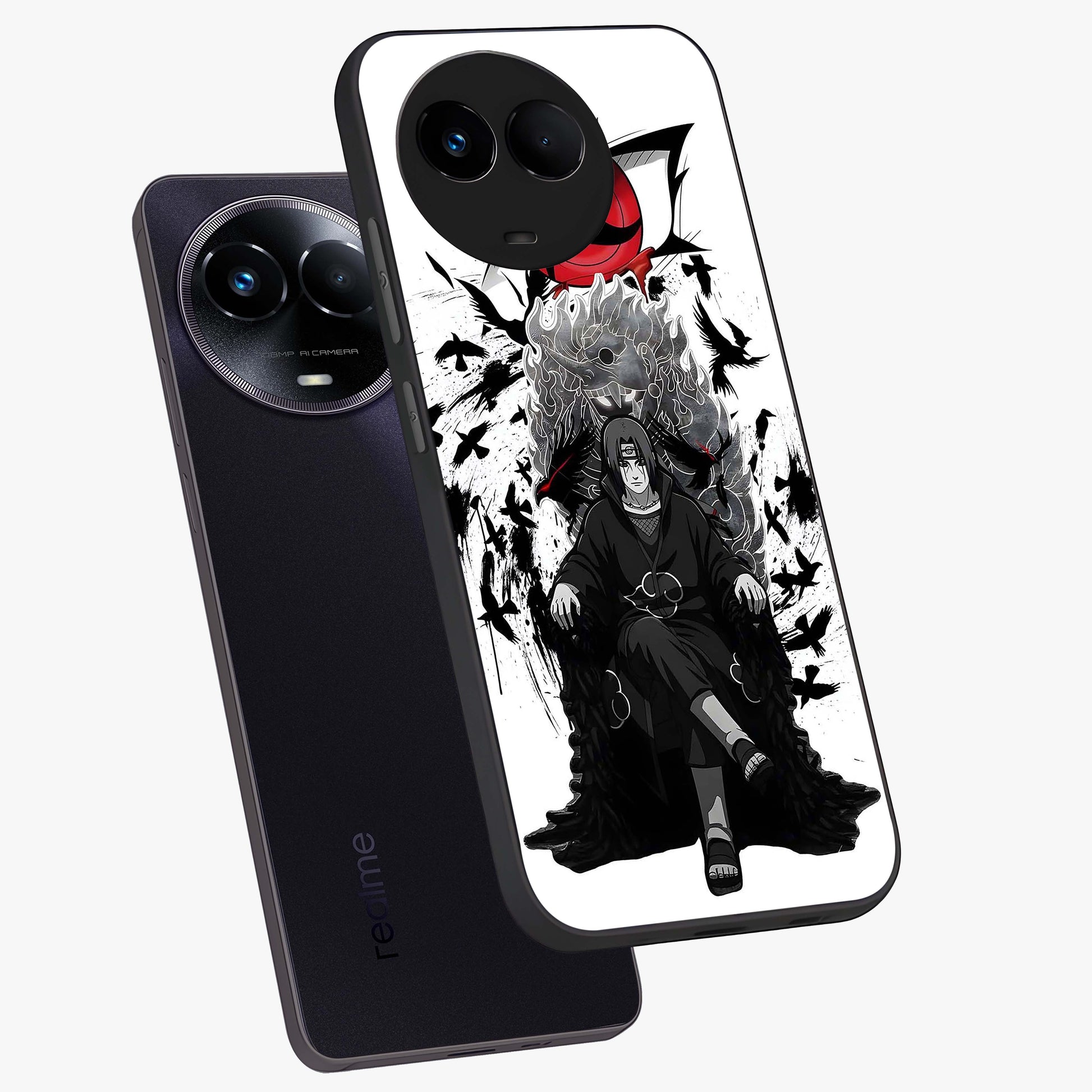 Uchiha Shadow Throne Glass Case displayed in angled mockup highlighting glowing aquatic design with celestial aesthetic.