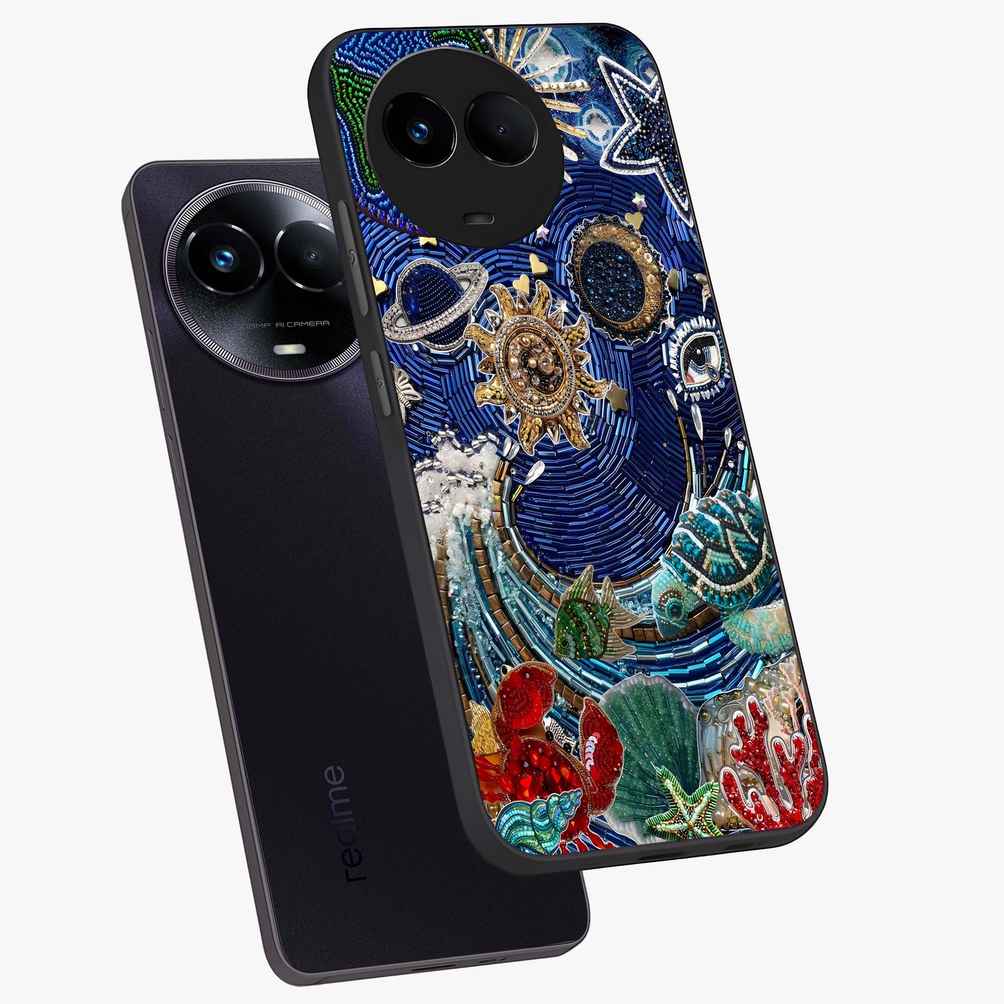 Universe Underwater Spark Glass Case displayed in angled mockup highlighting glowing aquatic design with celestial aesthetic.