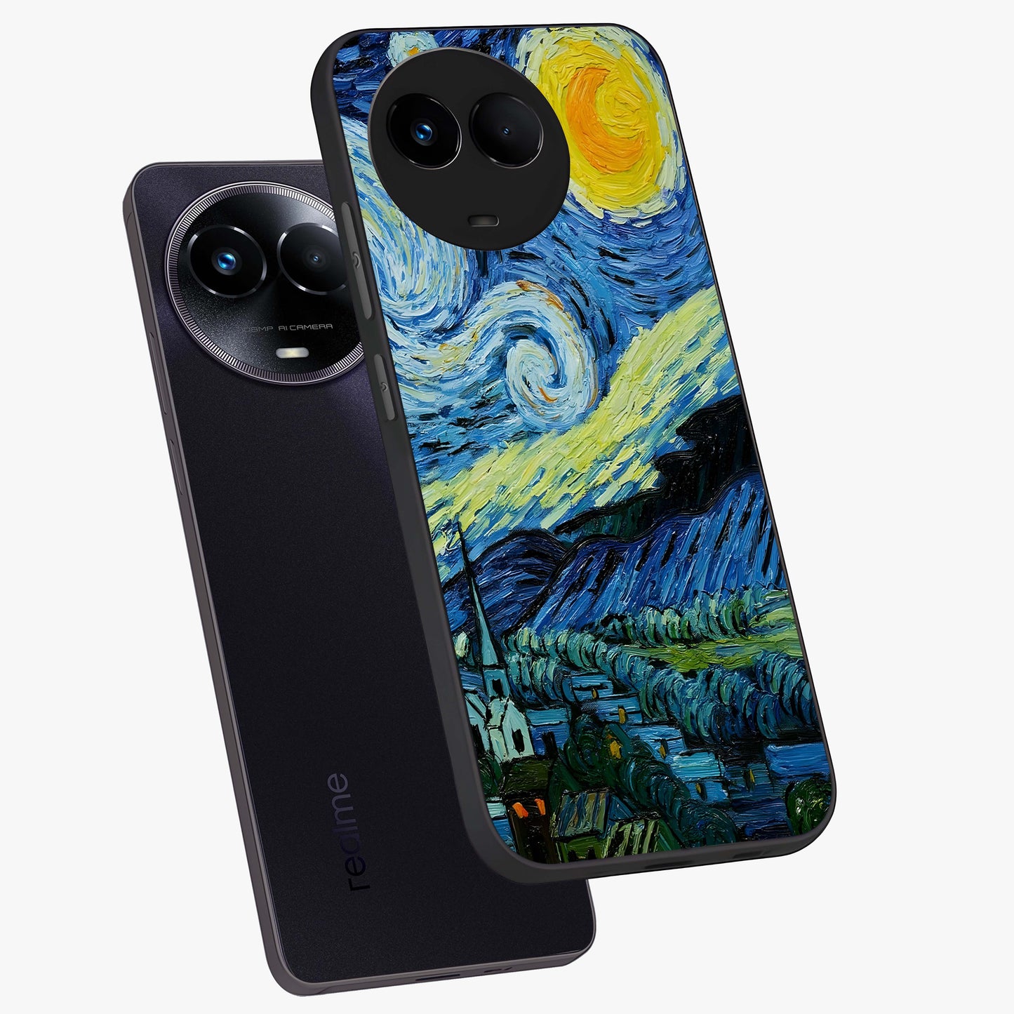 Van Gogh Art Glass Case displayed in angled mockup highlighting swirling brushstroke design with artistic aesthetic.