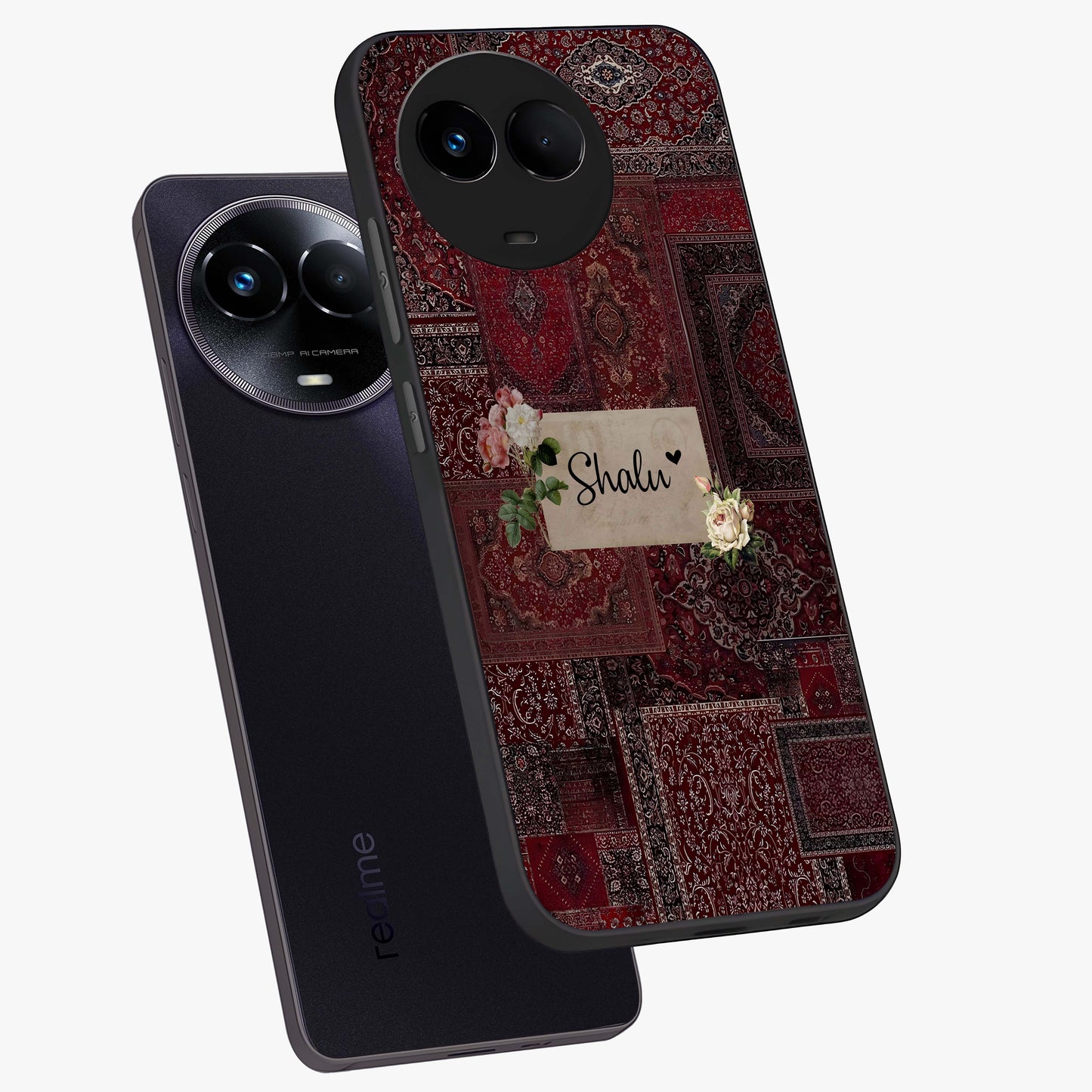 Velvet Wine Pattern Custom Name Glass Case displayed in angled mockup highlighting decorative velvet inspired design with custom name feature.