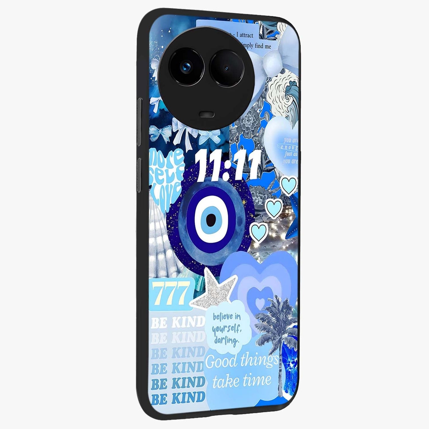Aesthetic Be Kind Eye Glass Case upright view showcasing stylish eye illustration with positive message theme.