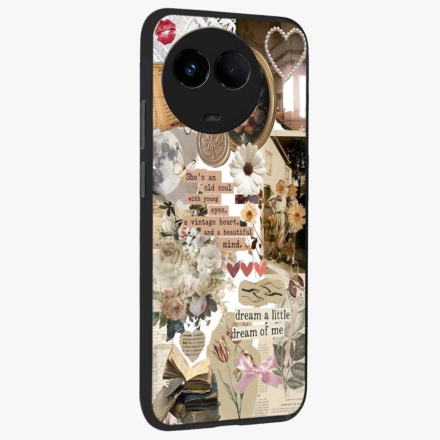 Aesthetic Brown Vintage Collage Glass Case upright view showcasing nostalgic retro artwork with stylish vintage theme.