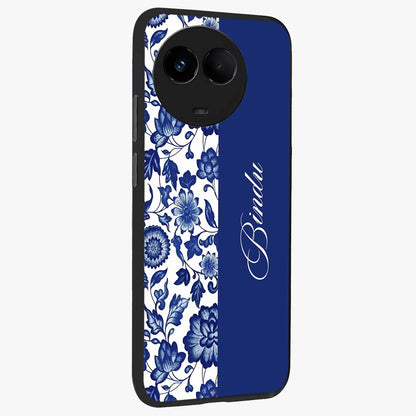 Blue Vintage Floral Pattern Glass Case upright view showcasing delicate blush floral texture with modern minimal style.