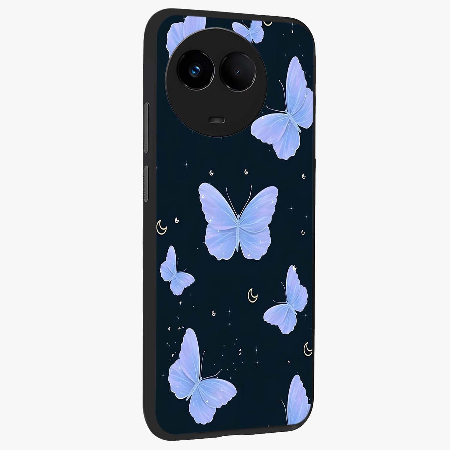 Butterfly With Stars Pattern Glass Case upright view showcasing celestial butterfly artwork with sparkling star elements.