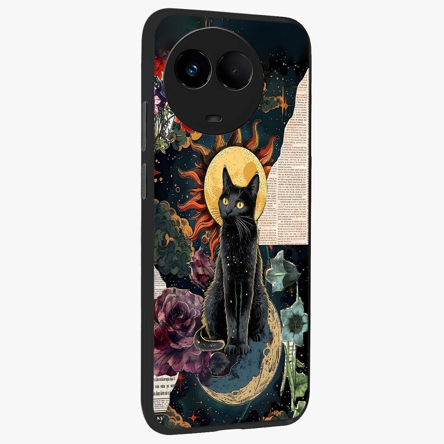 Celestial Black Cat Glass Case upright view showcasing magical black cat illustration with starry cosmic theme.