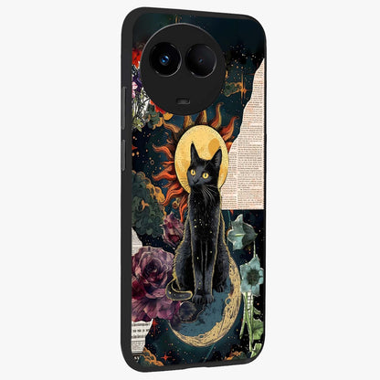 Celestial Black Cat Glass Case upright view showcasing magical black cat illustration with starry cosmic theme.