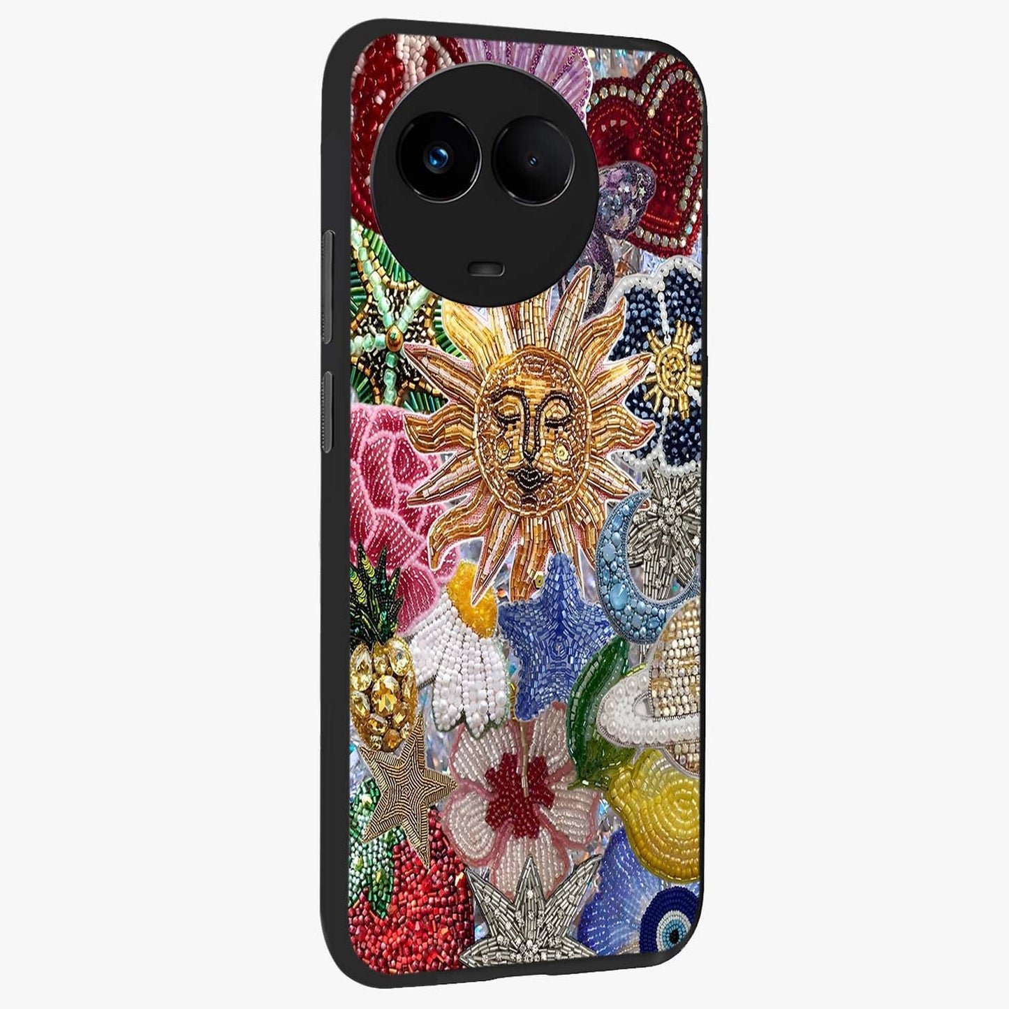 Celestial Floral and Playful Glass Case upright view showcasing whimsical floral artwork with cosmic aesthetic theme.