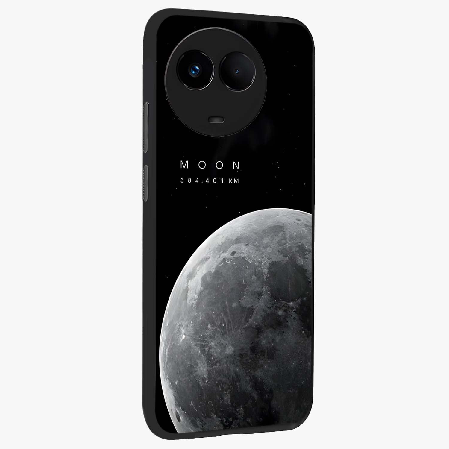 Cosmic Moon Glow Glass Case upright view showcasing luminous moon illustration with dreamy cosmic style.