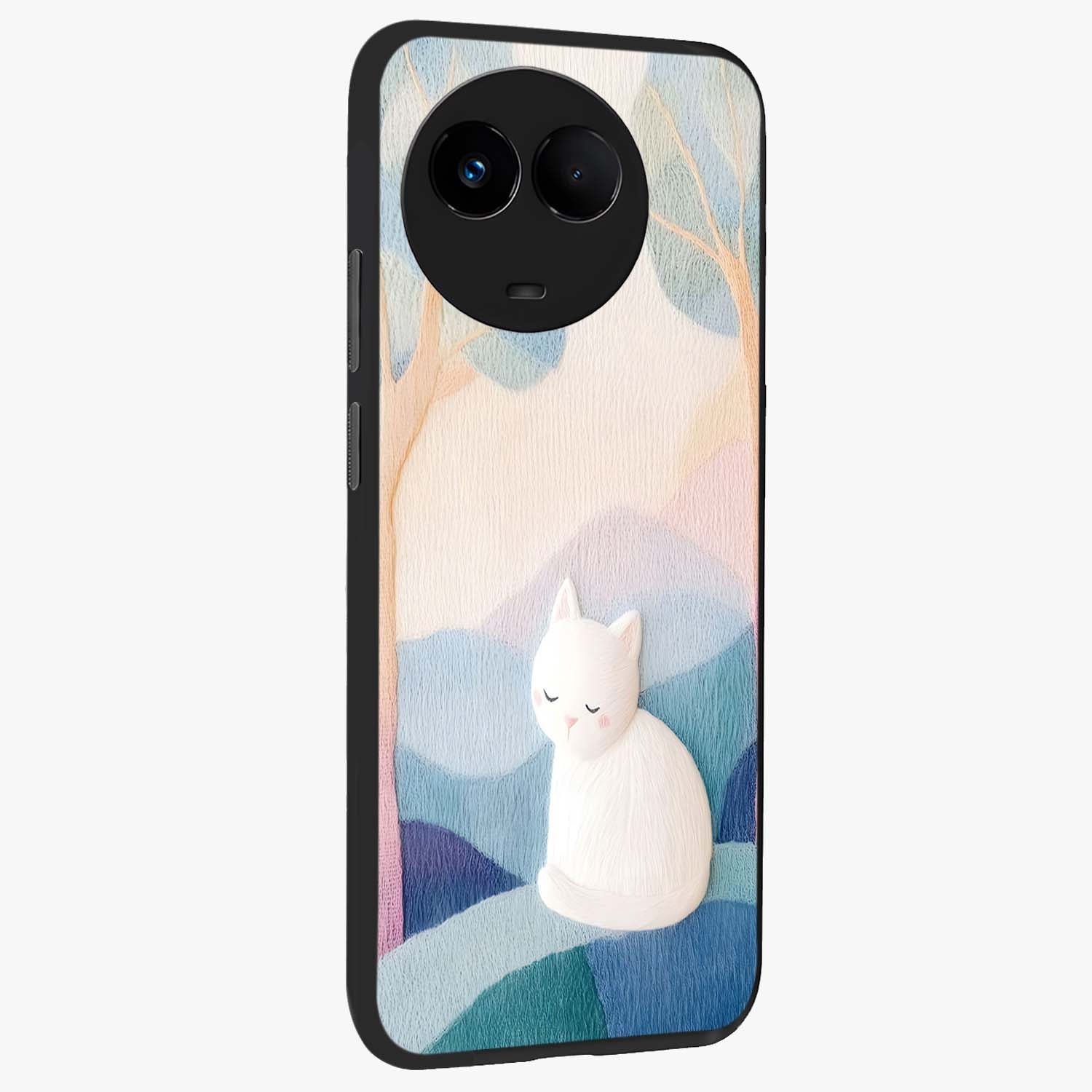 Cotton Dream Cat Glass Case upright view showcasing charming cat artwork with cozy dreamy theme.