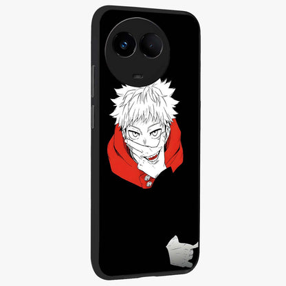 Crimson Chaos Smile Glass Case upright view showcasing expressive chaotic artwork with striking visual theme.