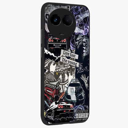 Die Young Glass Case upright view showcasing striking typography artwork with modern statement theme.