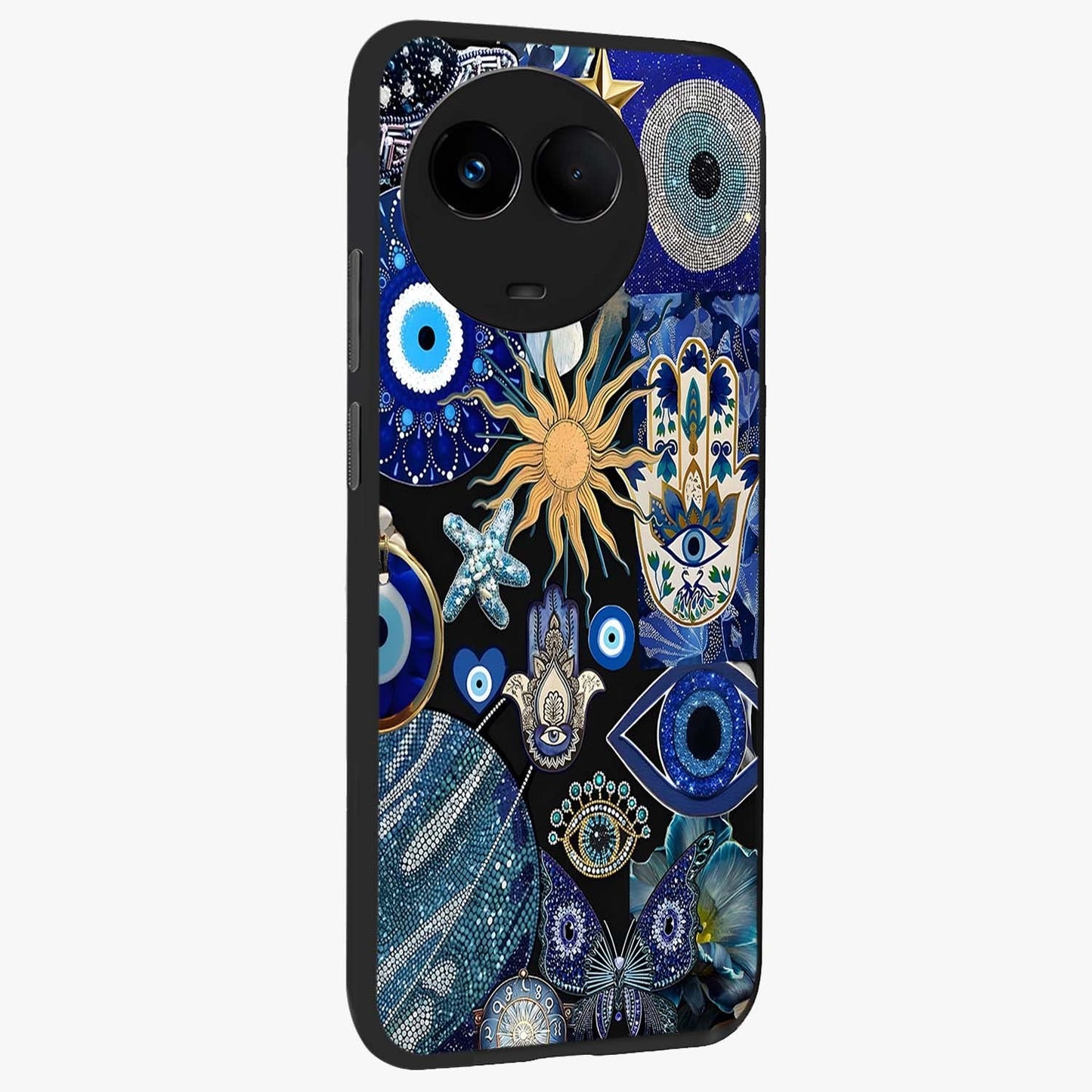 Evil Eye Charm Mix Glass Case upright view showcasing mystical evil eye pattern with vibrant decorative style.