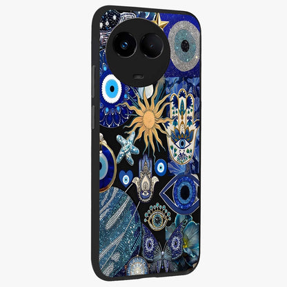 Evil Eye Charm Mix Glass Case upright view showcasing mystical evil eye pattern with vibrant decorative style.