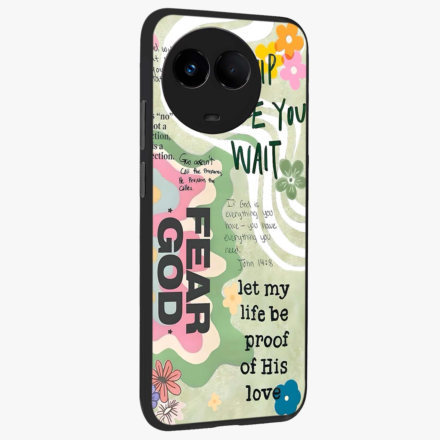 Faith Over Fear Glass Case upright view showcasing bold typography artwork with uplifting motivational theme.