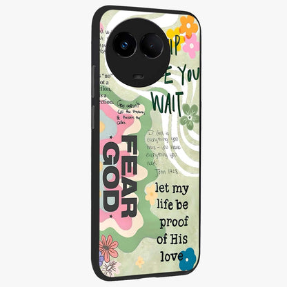 Faith Over Fear Glass Case upright view showcasing bold typography artwork with uplifting motivational theme.