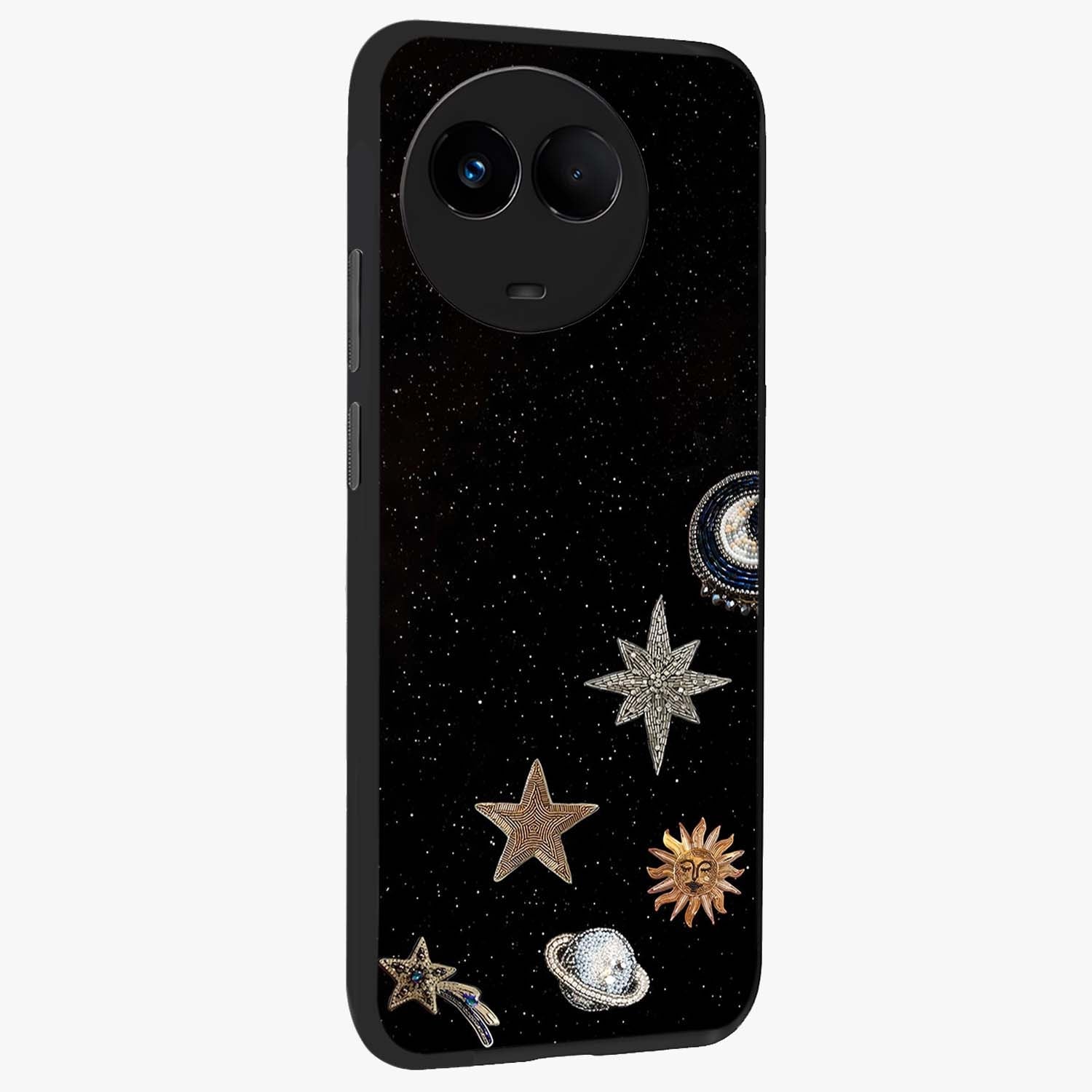 Galactic Charm Glow Glass Case upright view showcasing glowing cosmic charm artwork with magical celestial style.